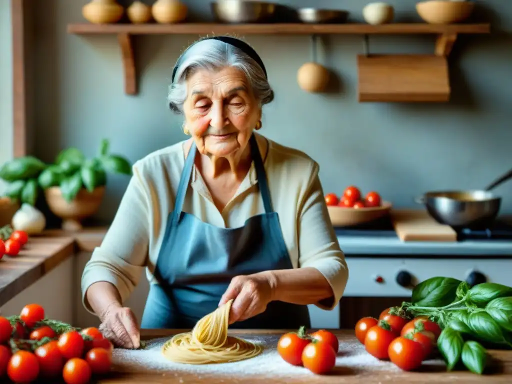 Técnica culinaria italiana eficiente: una abuela enrollando pasta fresca en una cocina acogedora con ingredientes coloridos