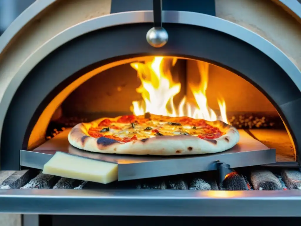 Técnicas avanzadas horneado pizza leña: Horno tradicional de leña con pizza perfectamente cocida y llamas danzantes