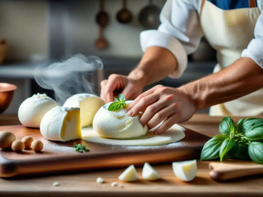 Tendencias cocina italiana queso burrata: Artesanía de burrata en cocina italiana tradicional, con maestros queseros y ambiente rústico