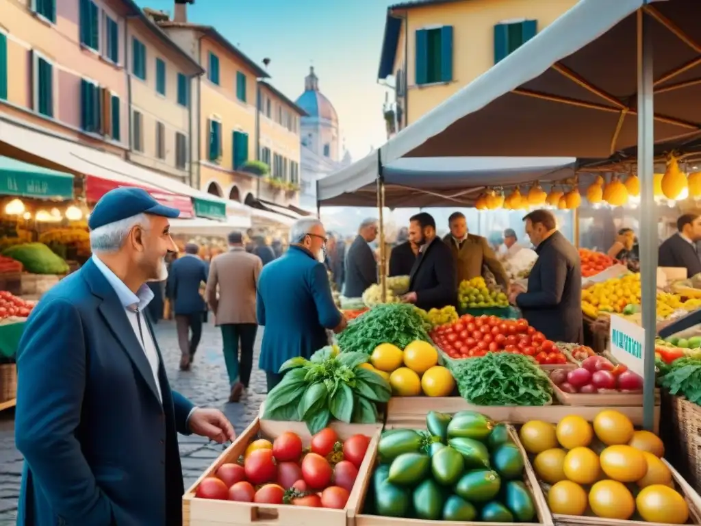 Tendencias de mercado local en Italia: escena vibrante con productos frescos, vendedores y conversaciones animadas bajo el sol