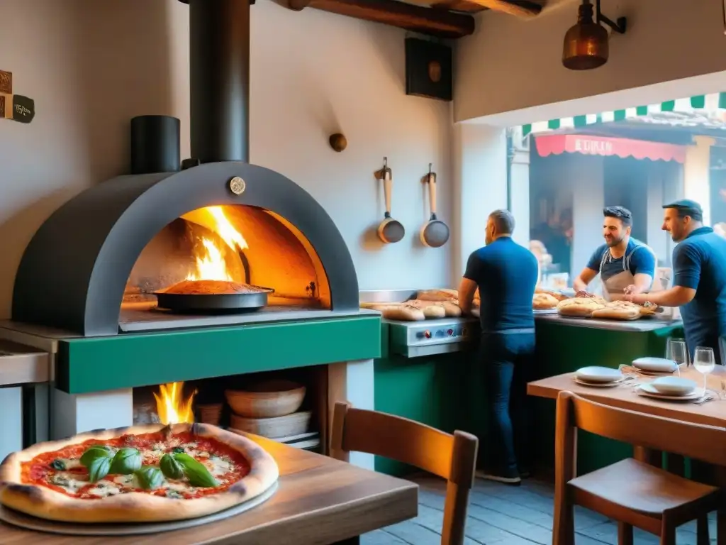 Tendencias pizzerías Italia: Animada pizzería en Nápoles con horno de leña, pizzaiolo estirando masa y clientes disfrutando pizza napolitana