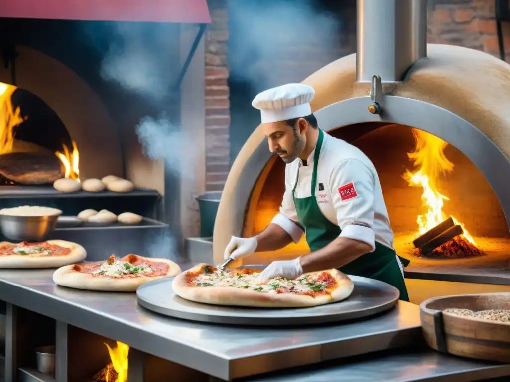 Tendencias pizzerías Italia: Cocina italiana tradicional con toque moderno, chefs preparando pizzas y clientes disfrutando