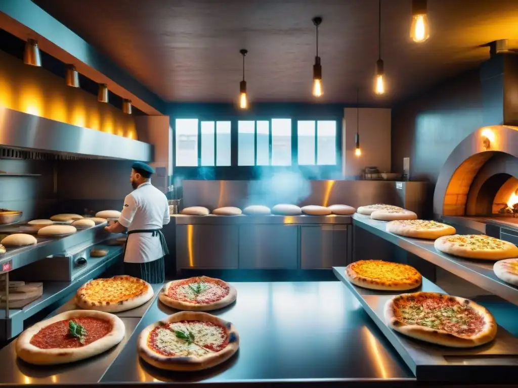 Tendencias en pizzerías Italia: Chef lanzando masa de pizza en pizzería bulliciosa con clientes esperando