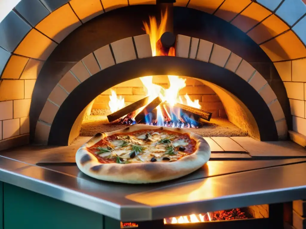 Tendencias pizzerías Italia: Pizzaiolo en Nápoles preparando pizza en horno de leña, con azulejos y clientes en el fondo