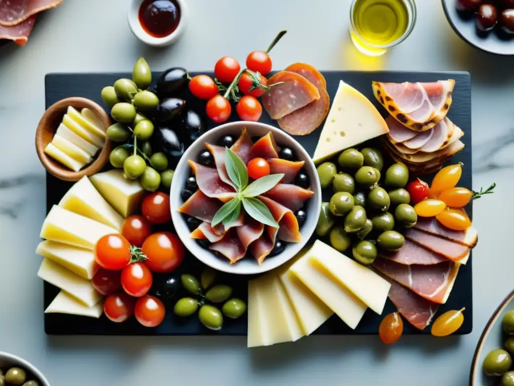 Un tentador y exquisito plato de antipasti italianos tradicionales y modernos, con una presentación elegante y apetitosa