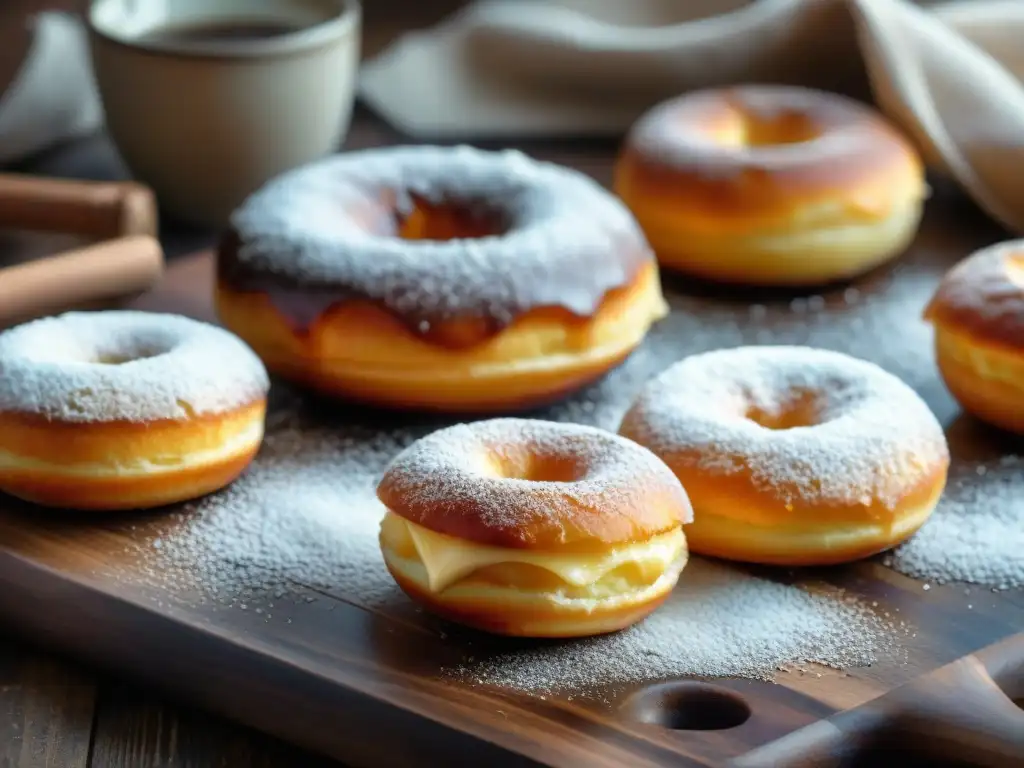 Un tentador lote de bomboloni recién horneados en una tabla de madera rústica