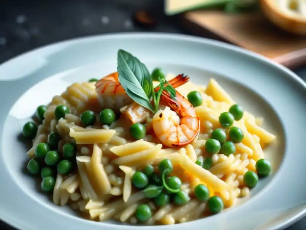 Un tentador risotto italiano con camarones, guisantes y queso parmesano, ideal para los amantes de los risottos italianos tradicionales innovadores