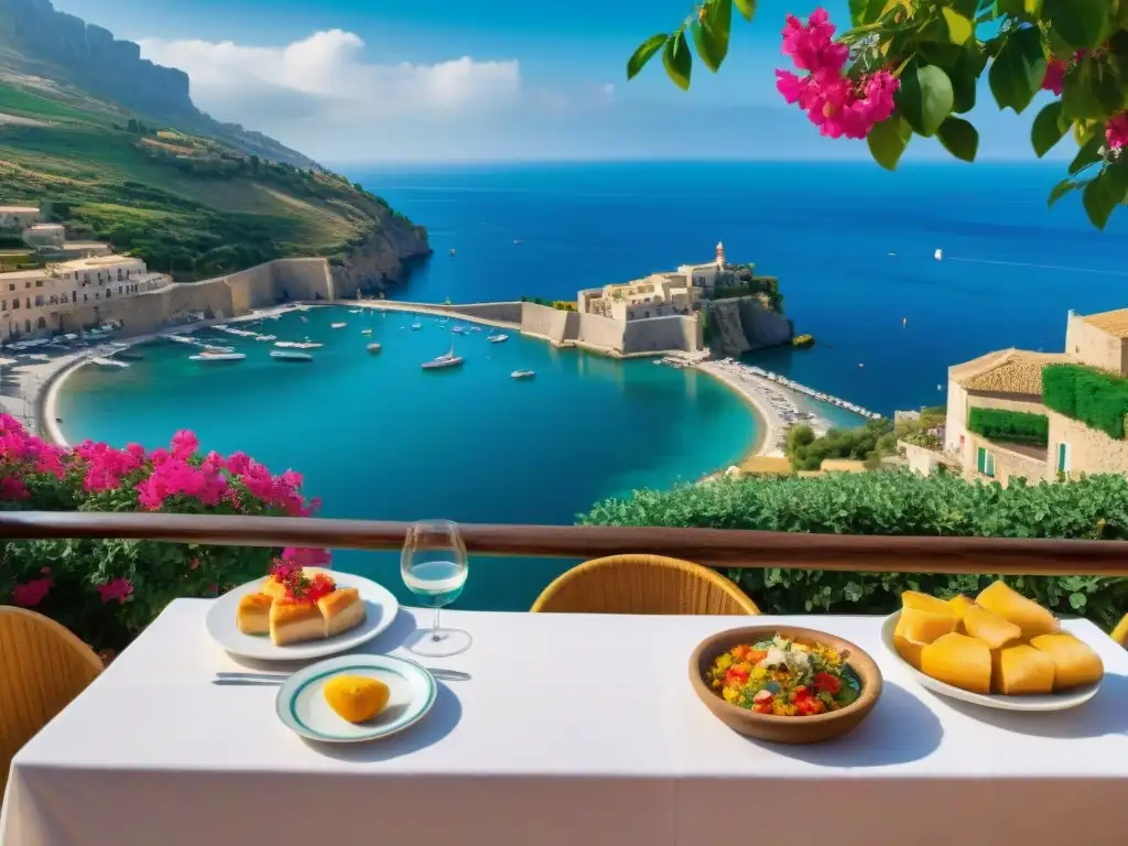 Una terraza de restaurante tradicional italiano en Sicilia con flores bougainvillea, mesa con comida y vista al mar Mediterráneo