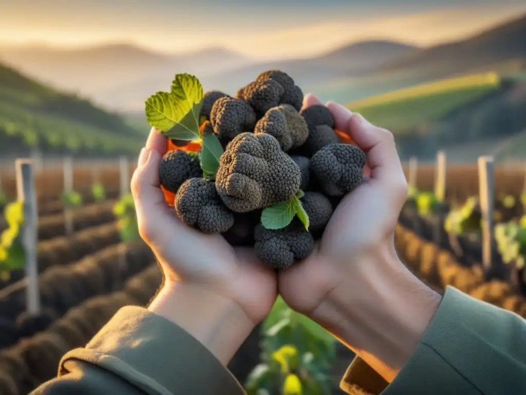 Un tesoro de Piamonte: una trufa negra recién desenterrada, con sus intrincados nudos y aroma terroso, sostenida por un recolector