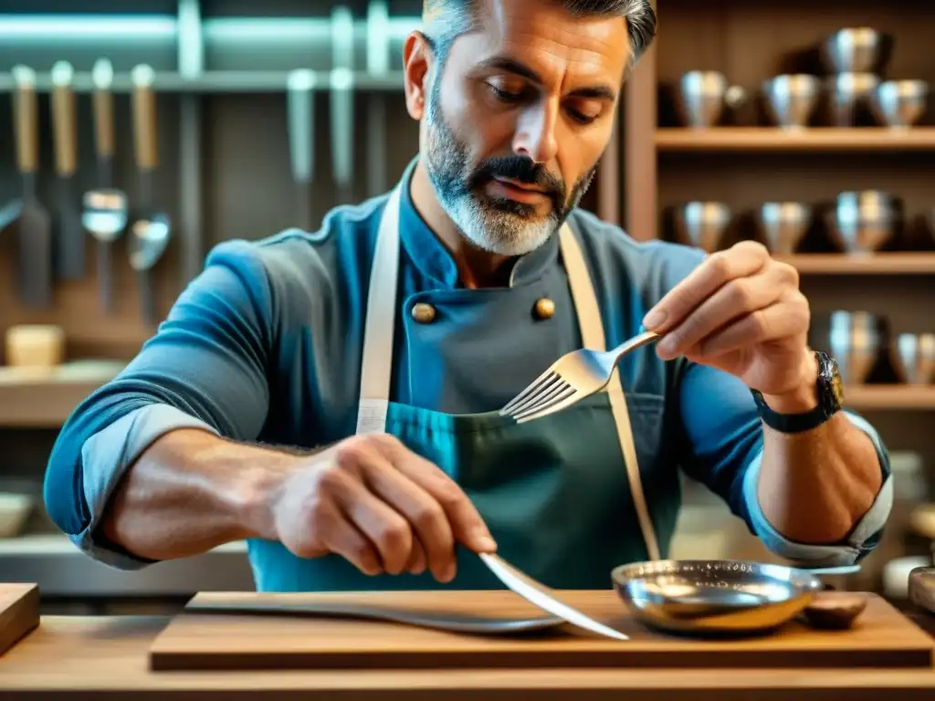 El texto ALT es: 'Artesano italiano creando cubertería de diseño auténtico en taller tradicional, detalle en plata bajo luz brillante'