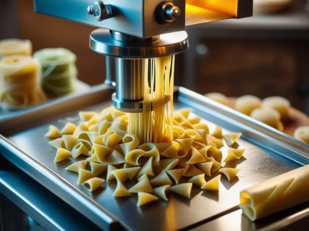 El texto ALT es: 'Detalles de una prensa de pasta italiana en acción, resaltando la artesanía y tradición