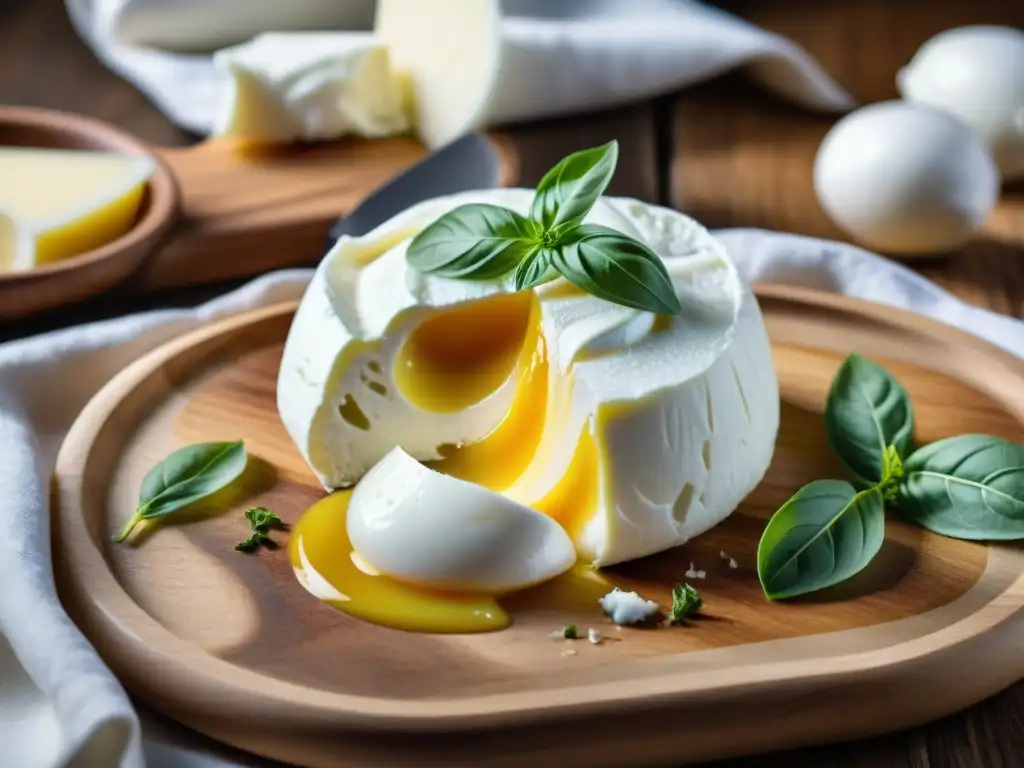 Textura cremosa de la burrata recién cortada sobre tabla rústica de madera