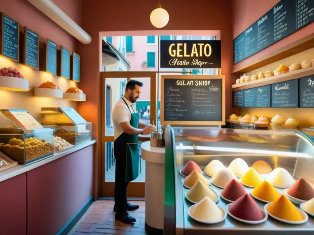 Tienda de gelato italiano en calle empedrada, con sabores sofisticados y ambiente acogedor bajo una cálida luz de tarde