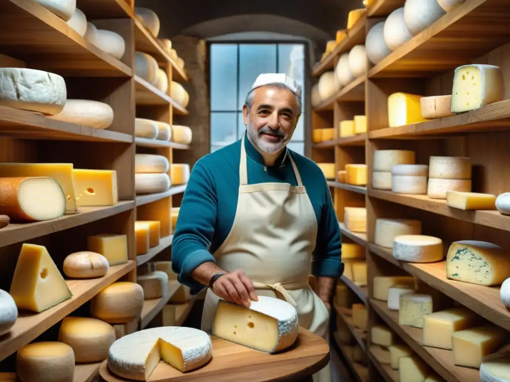 Una tienda de quesos italiana con Parmigiano Reggiano, Pecorino Romano, Gorgonzola y Mozzarella di Bufala