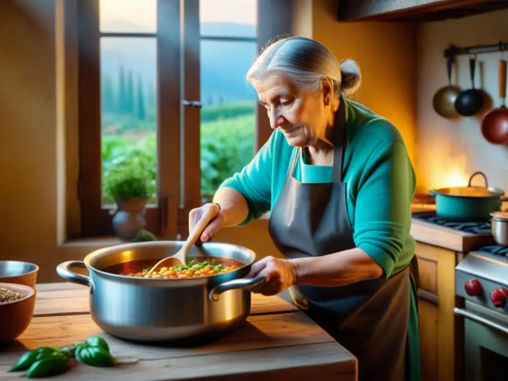 Una tierna nonna italiana remueve con cariño una olla de minestrone en una cocina rústica