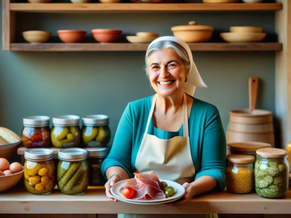 Una tierna nonna italiana en una cocina rústica rodeada de tarros de ingredientes fermentados caseros como pepinillos, chucrut y kimchi