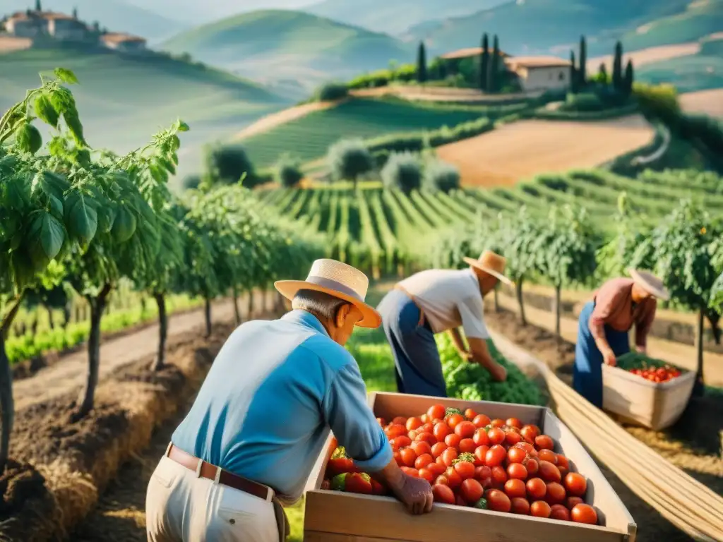 Típica escena de agricultores italianos recolectando tomates maduros bajo el sol dorado de la Toscana