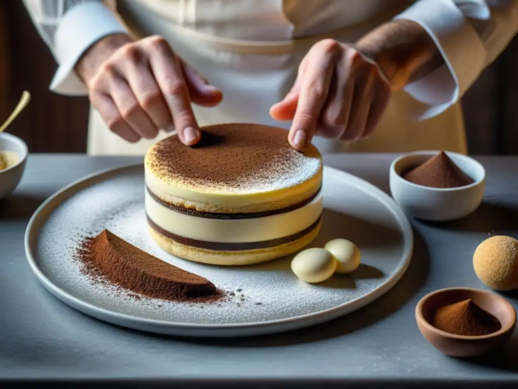 Un tiramisú artesanal en una cocina rústica italiana, mostrando la evolución de postres italianos a través de los siglos