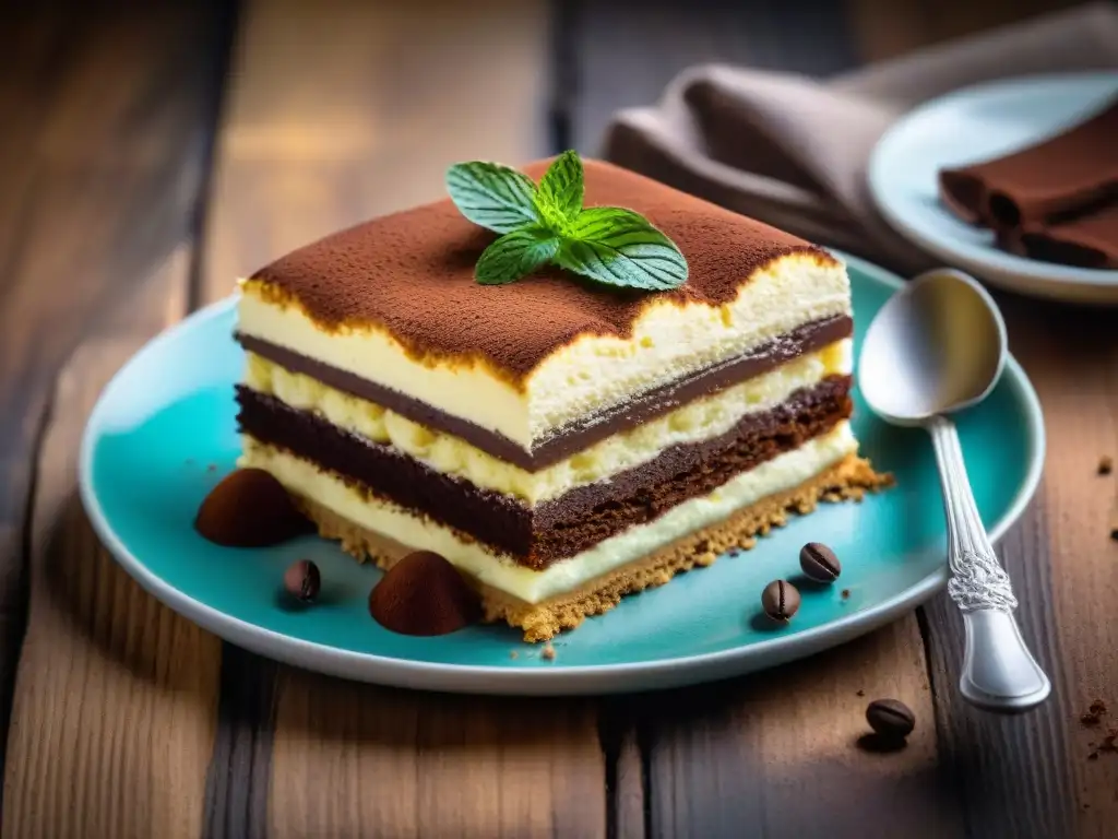 Un Tiramisú decadente con mascarpone en postres italianos exquisitos, listo para saborear