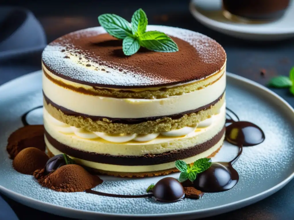 Un Tiramisú decadente con twist inesperado, resaltando capas de bizcocho de café, mascarpone y reducción balsámica