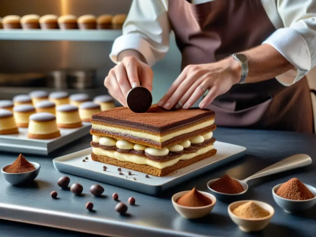 Un tiramisú delicado y detallado siendo creado por un chef en una cocina italiana rústica