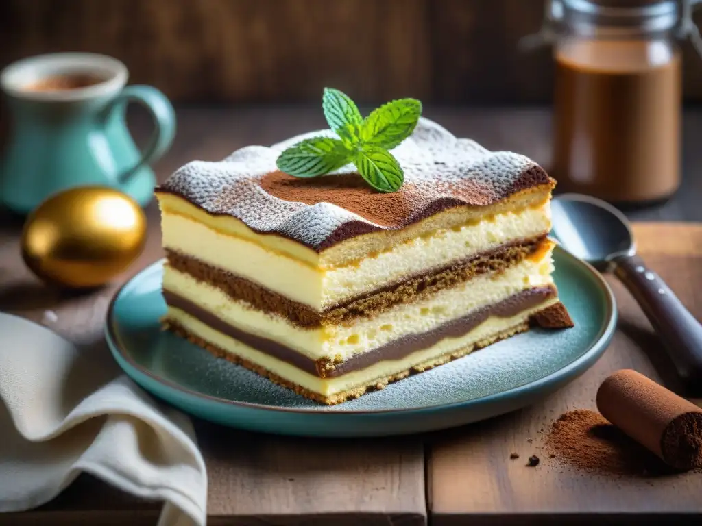 Un Tiramisú recién horneado en una cocina italiana tradicional con platos tradicionales