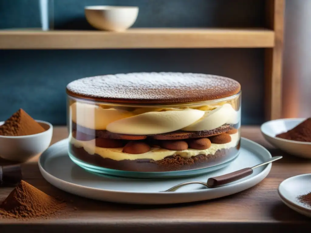 Un tiramisú italiano tradicional siendo preparado con precisión por un chef en una cocina rústica