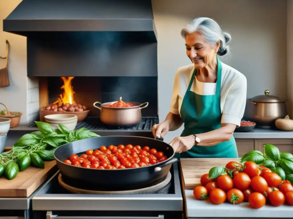 Conservación salsa de tomate italiana: Escena reconfortante de una cocina italiana tradicional con sabrosos tomates