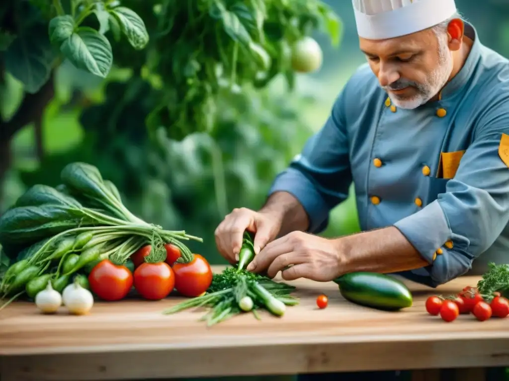 Chef Pietro Leemann selecciona tomate maduro en jardín, reflejando su filosofía culinaria