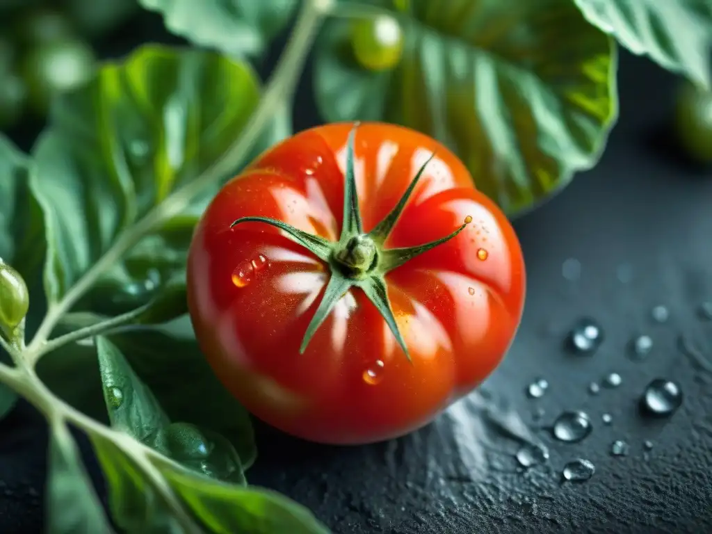 Tomate maduro con gotas de rocío al sol de la mañana