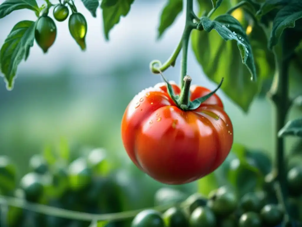 Tomate San Marzano maduro en la vid con rocío matinal, resaltando secretos saludables