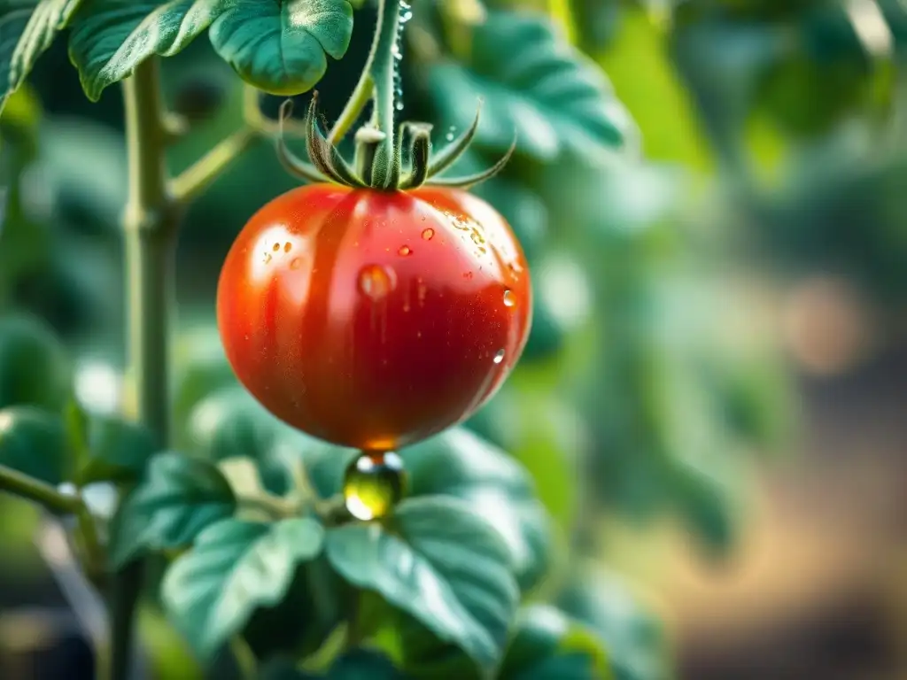 Tomate rojo brillante bajo el sol en viñedo italiano, resaltando la frescura de los ingredientes premium cocina italiana