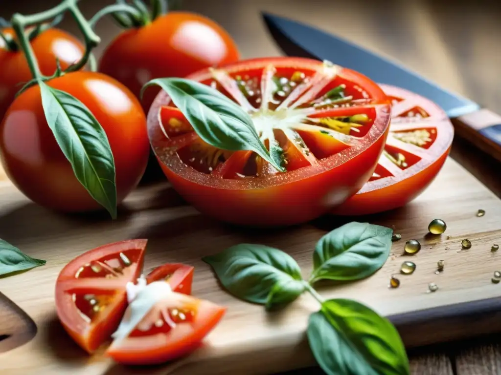 Tomate rojo maduro cortado mostrando semillas jugosas y pulpa, en una receta auténtica ensalada caprese