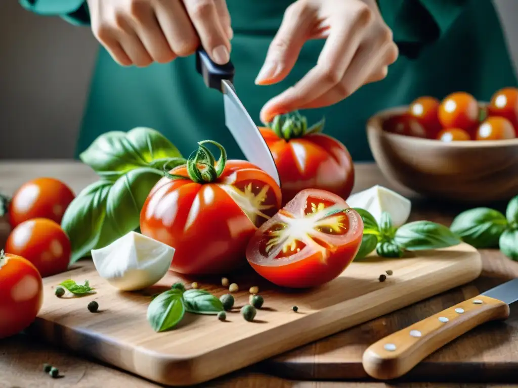 Un tomate rojo y maduro siendo cortado con un cuchillo afilado, junto a hojas de albahaca y mozzarella