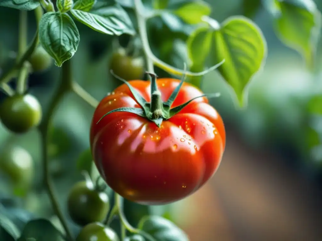 Un tomate rojo vibrante madurando en un huerto urbano, simbolizando la belleza del ingrediente italiano