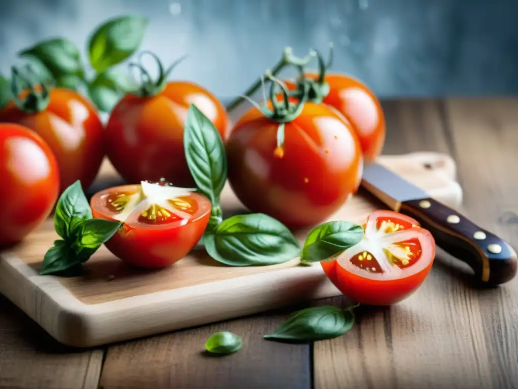 Tomates, albahaca y ajos frescos en tabla de cortar de madera, reflejando la esencia de la cocina italiana saludable ingredientes dieta