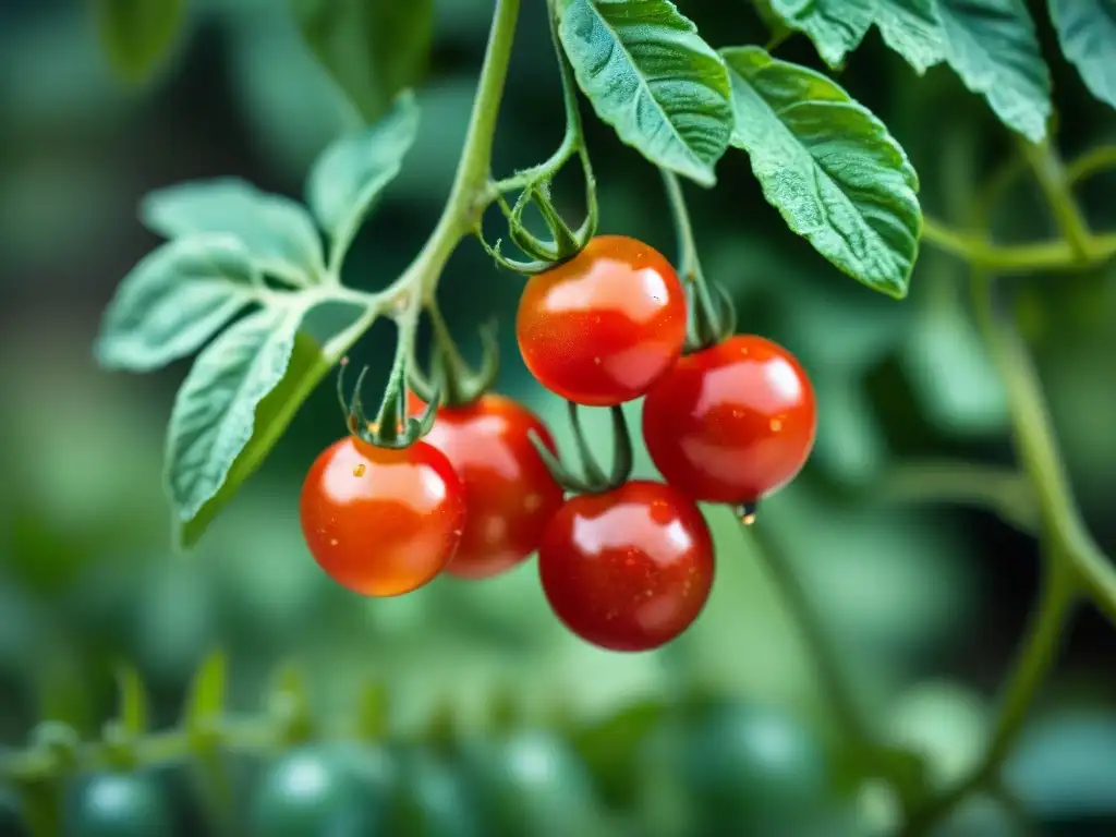 Tomates cherry recién cosechados con rocío matutino, listos para una deliciosa pizza italiana con ingredientes frescos