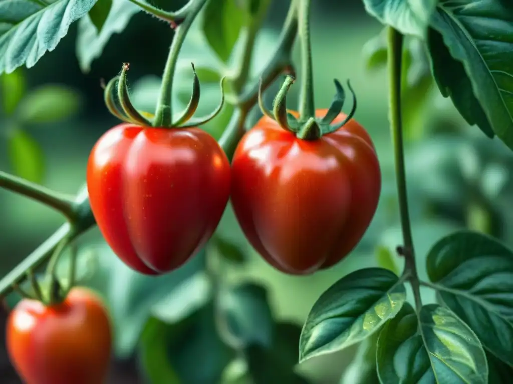 Tomates San Marzano recién cosechados brillando bajo el sol italiano, en contraste con hojas verdes exuberantes