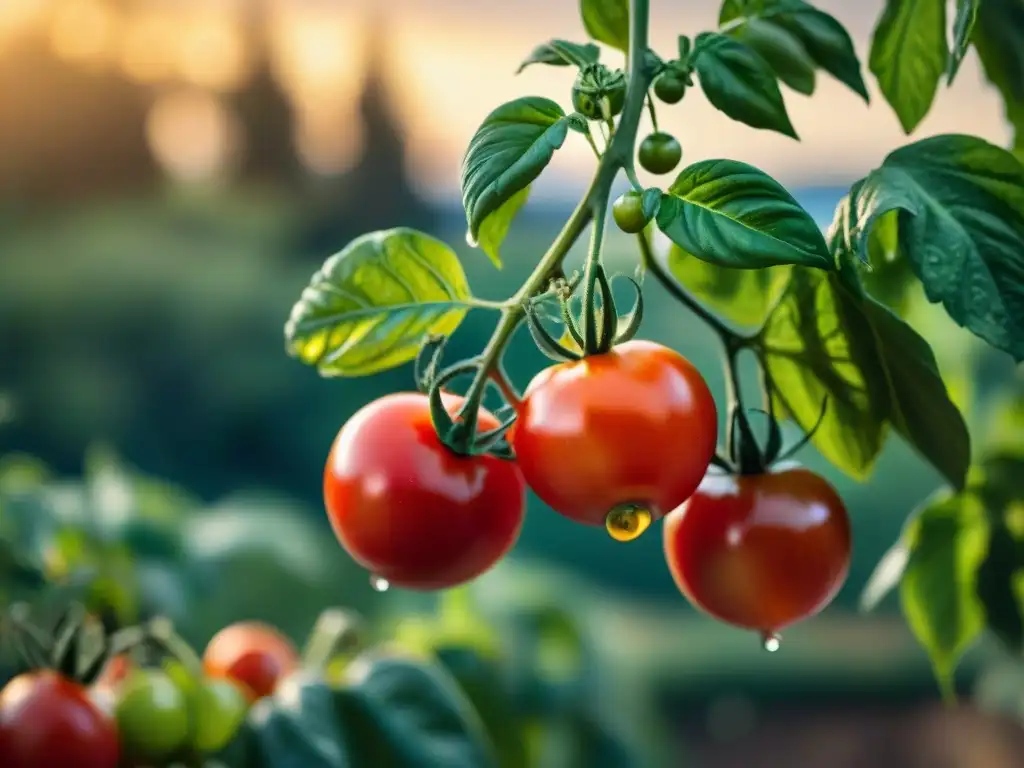 Tomates italianos frescos en la vid, bañados por el sol dorado de una granja tradicional