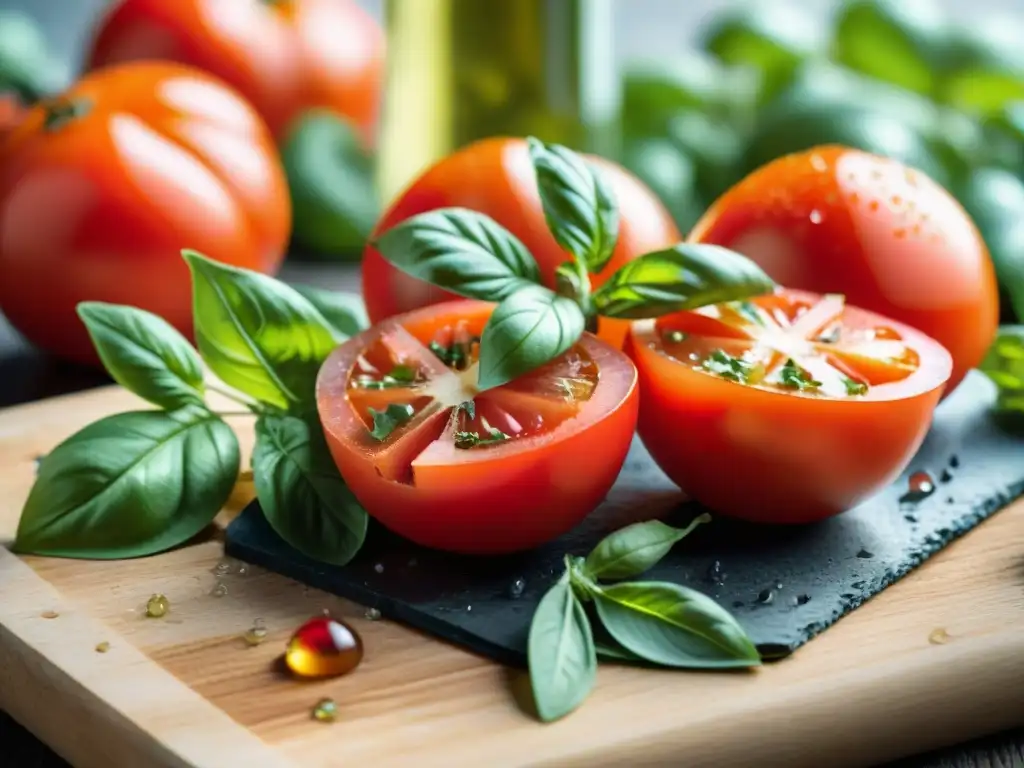 Tomates maduros y albahaca en tabla de madera, esenciales para la receta tradicional bruschetta italiana