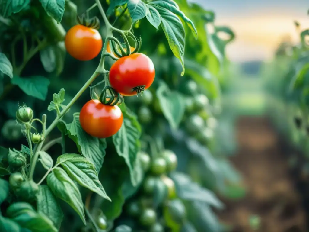 Tomates maduros brillantes en un huerto urbano italiano cuidados