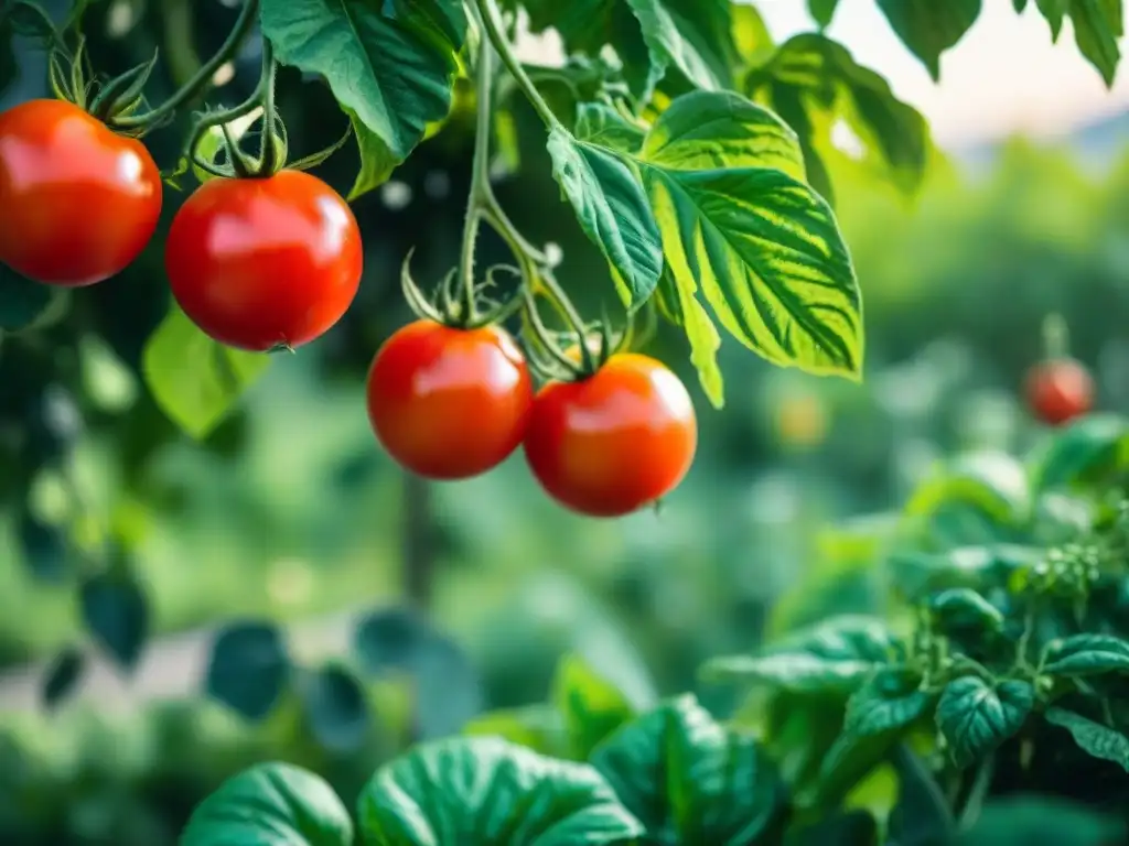 Tomates maduros en un huerto urbano italiano cuidados, bañados por la luz del sol