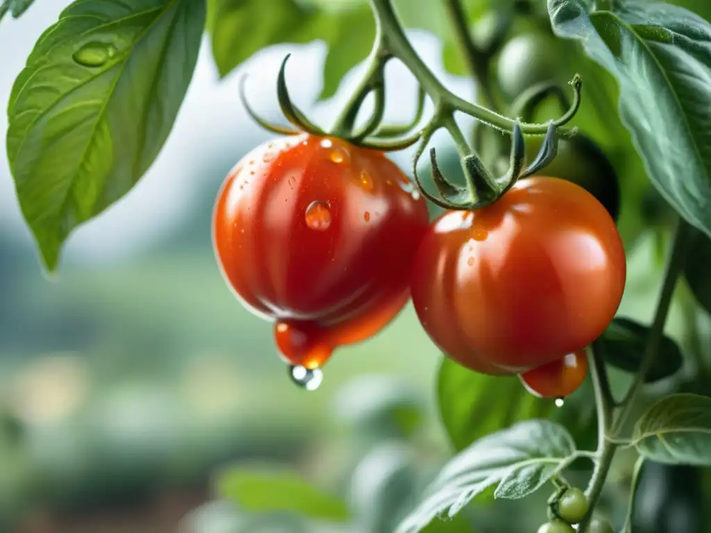 Tomates San Marzano frescos y maduros en la vid, brillando con gotas de agua al sol