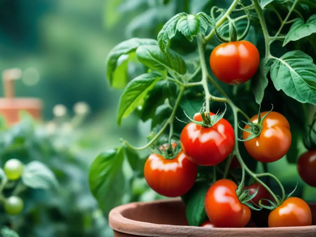 Tomates San Marzano maduros en una terraza urbana soleada, reflejando la frescura y belleza de las técnicas de cultivo de ingredientes italianos