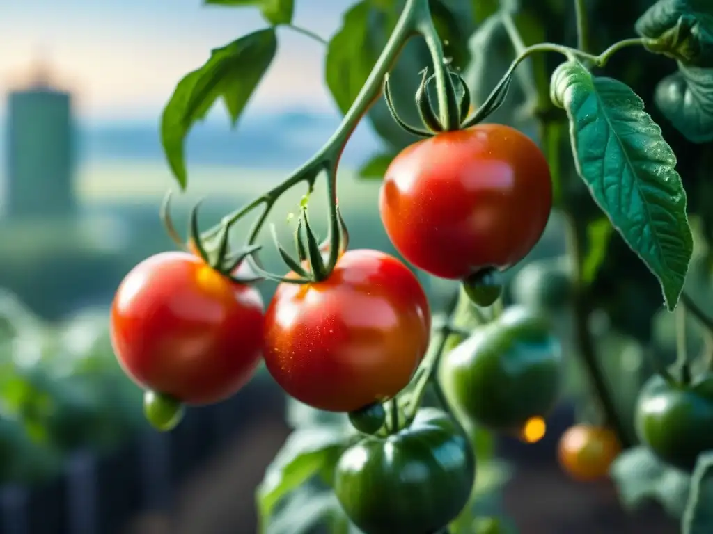 Tomates rojos brillantes con rocío en un huerto urbano: detalle auténtico de ingrediente italiano