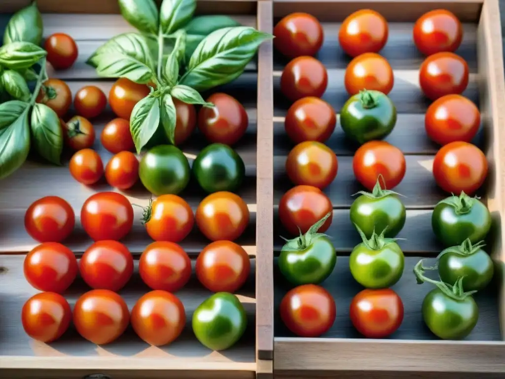 Tomates rojos y verdes recién cortados en bandejas de madera, listos para secado al sol