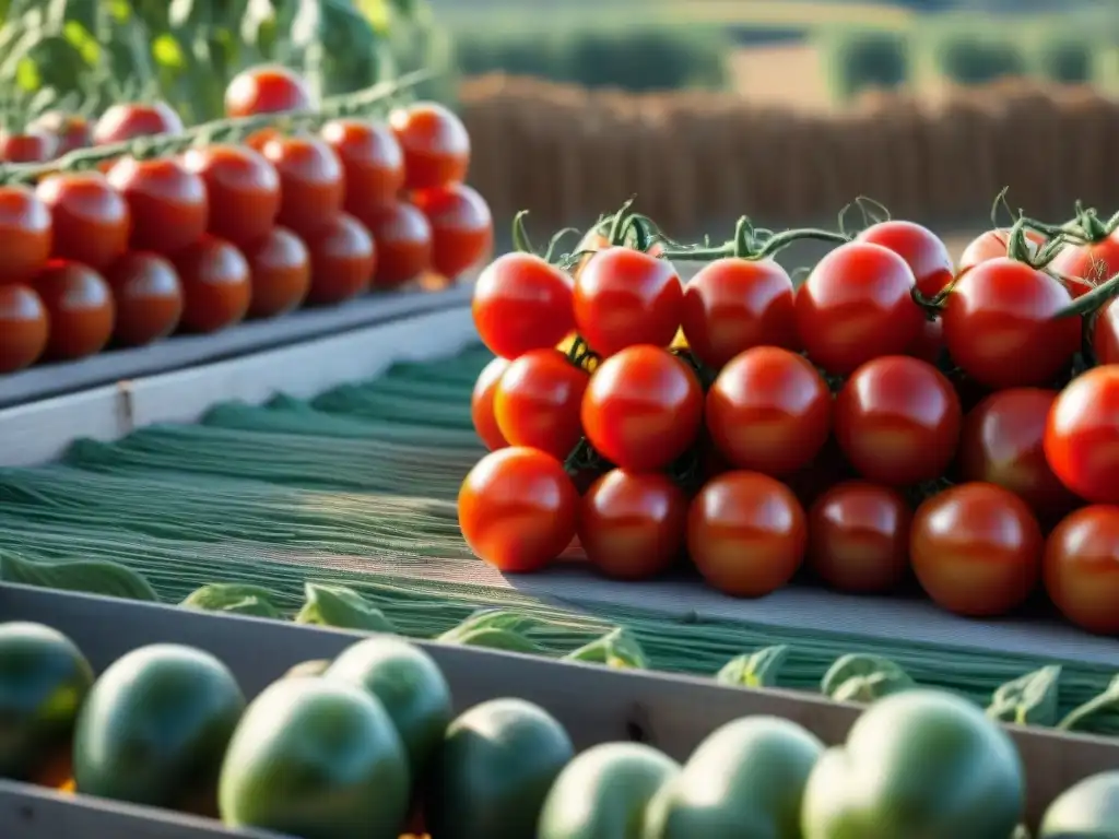 Tomates rojos y jugosos siendo cortados y secados al sol para cocina italiana