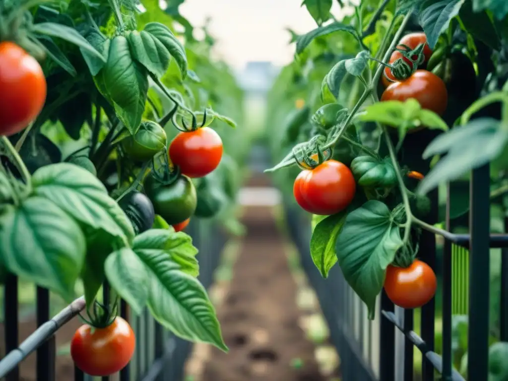 Tomates rojos maduros en un huerto urbano italiano cuidadosamente organizado