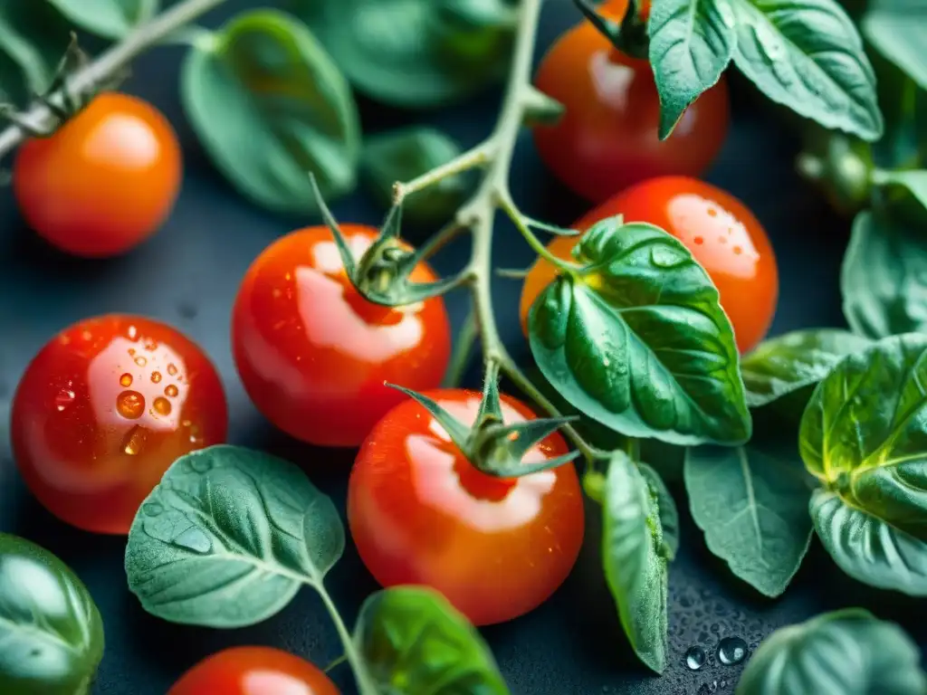 Tomates rojos recién cosechados en un jardín italiano, brillando con rocío bajo el sol naciente, junto a hojas verdes de albahaca