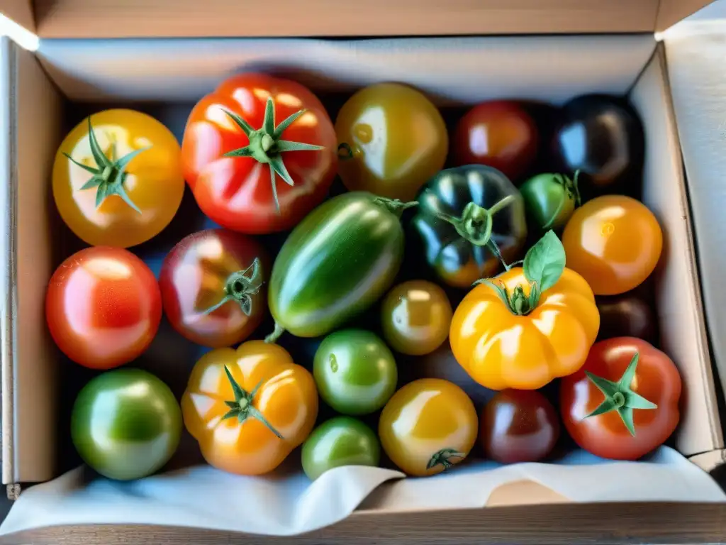 Tomates vibrantes de colores diversos en caja de madera rústica, ingredientes sostenibles para platos italianos